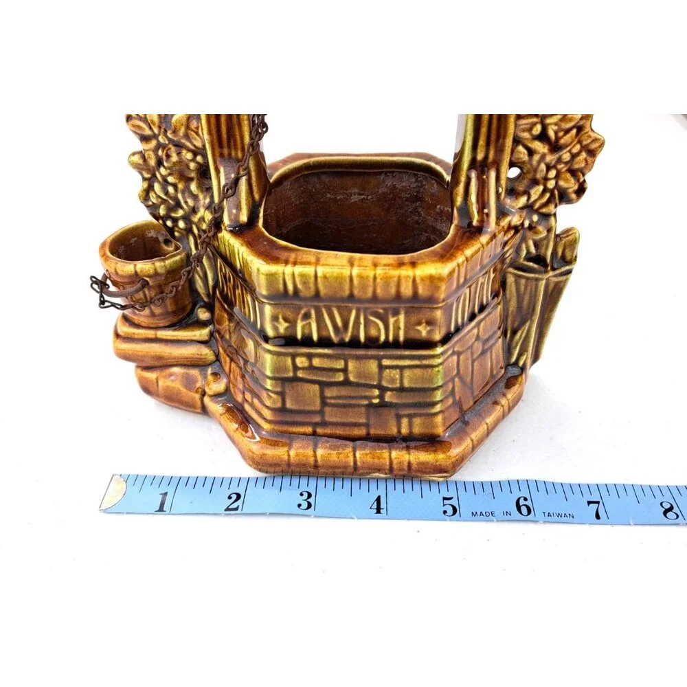 Vintage McCoy Pottery Wishing Well Planter Brown Green Pot Grant A Wish To Me